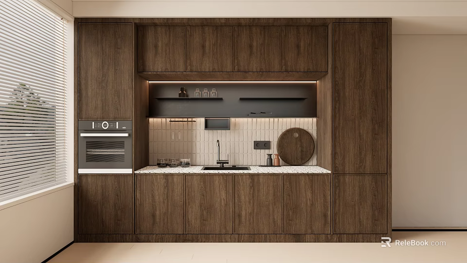 Modern Kitchen Interior With Wooden Cabinets Sleek Countertop And Appliances 3d model 