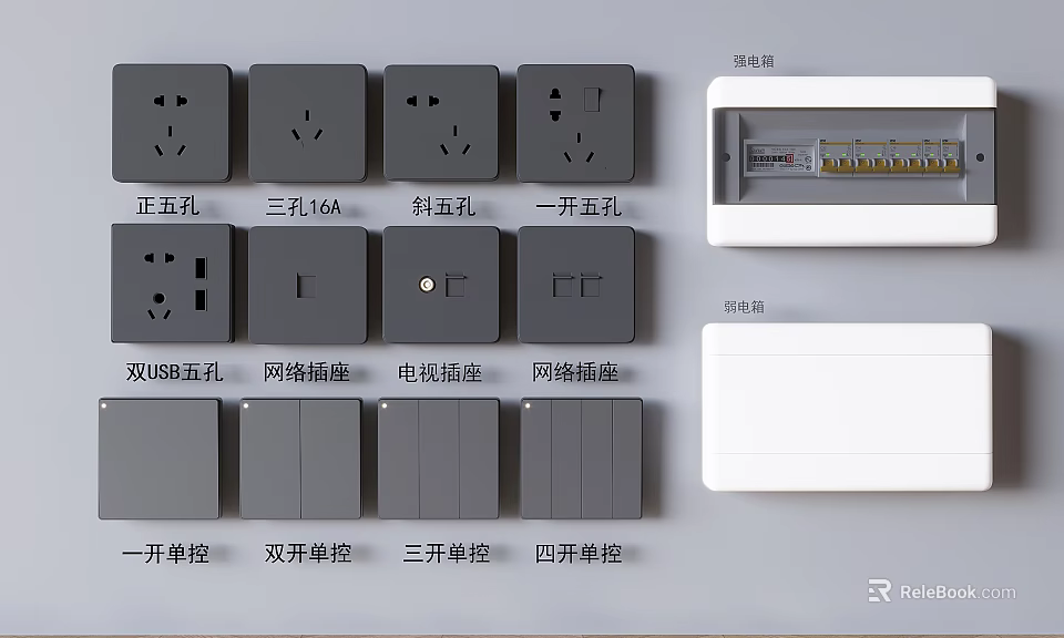 Various Switch Panel Types Featuring Sockets Switches And Distribution Boxes 3d model 