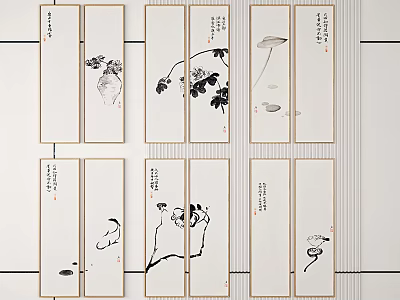 Traditional Chinese Ink Paintings On Vertical Scrolls With Floral And Plant Motifs 3d model