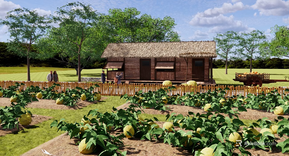 Scenic Thatched Roof Wooden House Surrounded By Vegetable Garden With Yellow Fruits And Trees 3d model 