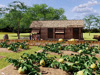 Scenic Thatched Roof Wooden House Surrounded By Vegetable Garden With Yellow Fruits And Trees 3d model