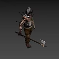 Game and Movie Character in Metal Armor with Helmet Holding Sword and Spikes on Back