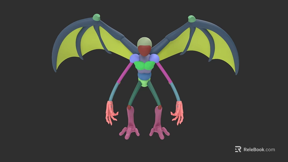 Colorful Character Creature 3D Model With Bat Like Wings Long Limbs And Pink Claws 3d model 