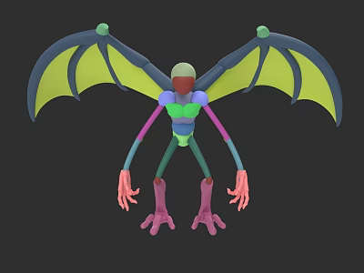 Colorful Character Creature 3D Model With Bat Like Wings Long Limbs And Pink Claws 3d model