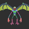 Colorful Character Creature 3D Model With Bat Like Wings Long Limbs And Pink Claws