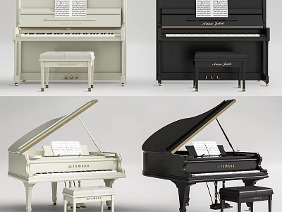 Instruments Including White Black Upright Grand Pianos With Benches And Sheet Music 3d model