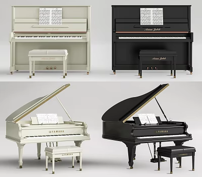 Instruments Including White Black Upright Grand Pianos With Benches And Sheet Music 3d model