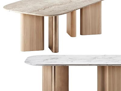 Elegant Modern Dining Table With Marble Top And Wooden Legs Design 3d model