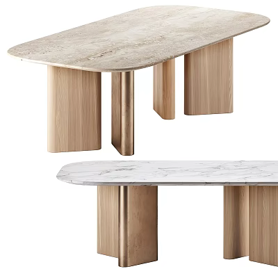 Elegant Modern Dining Table With Marble Top And Wooden Legs Design 3d model
