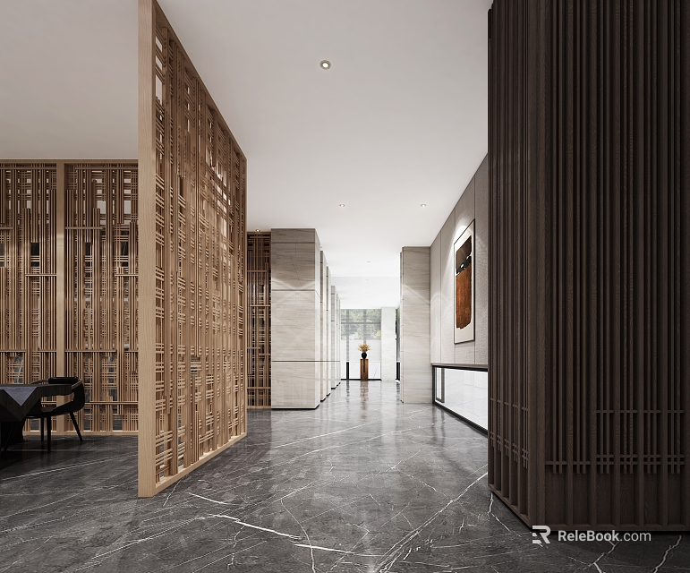 Modern Office Corridor Interior Design With Wooden Partitions And Marble Floor 3d model 
