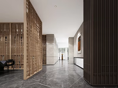 Modern Office Corridor Interior Design With Wooden Partitions And Marble Floor 3d model