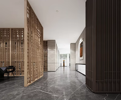 Modern Office Corridor Interior Design With Wooden Partitions And Marble Floor 3d model