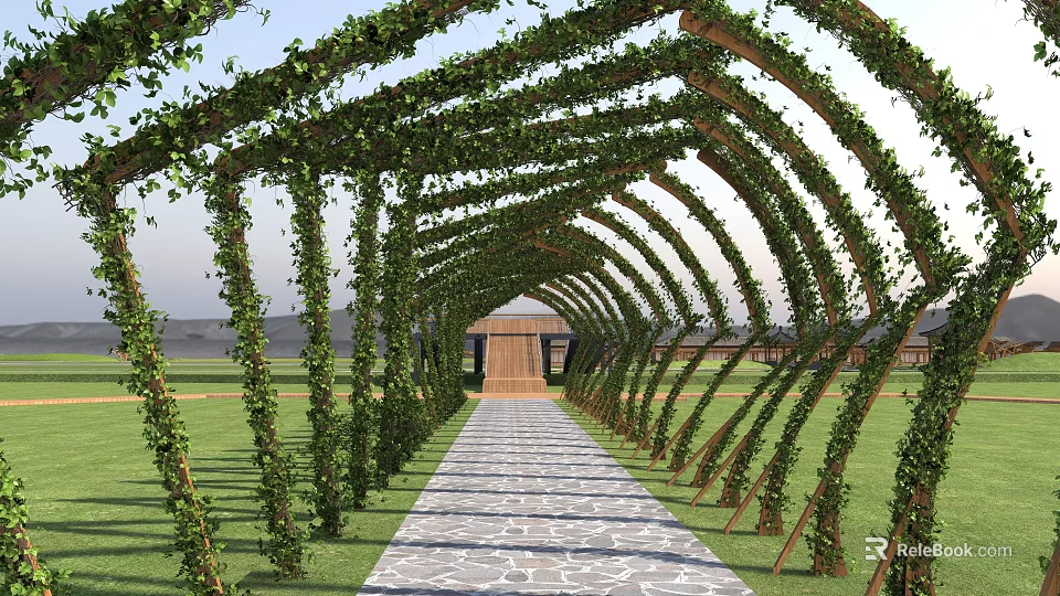 Green Ivy Covered Pergola With Curved Wooden Frames Stone Path Through Grassland And Distant Mountains 3d model 