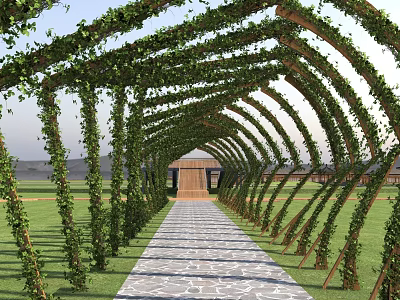 Green Ivy Covered Pergola With Curved Wooden Frames Stone Path Through Grassland And Distant Mountains 3d model