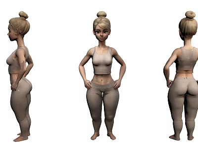 Woman 3D Model Front Side Back Views In Fitted Tank Top Leggings With Bun Hairstyle 3d model
