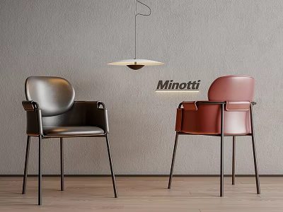 Black And Red Leather Minotti Dining Chairs With Armrests Metal Legs And Hanging Lamp 3d model