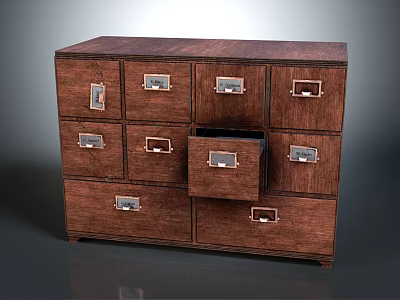 Vintage Wooden Drawer Cabinet With Multiple Drawers Open Compartment And Metal Handles 3d model