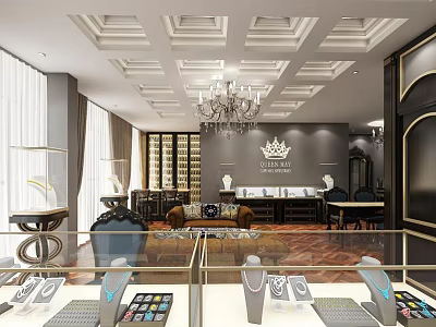 Luxury Jewelry Store Interior Design with Glass Display Cases Chandelier Lighting and Exquisite Jewelry Pieces 3d model