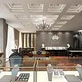 Luxury Jewelry Store Interior Design with Glass Display Cases Chandelier Lighting and Exquisite Jewelry Pieces