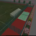 Outdoor Sports Fitness Space With Fenced Tennis Courts Green Red Surfaces Adjacent Soccer Field Flowering Plants