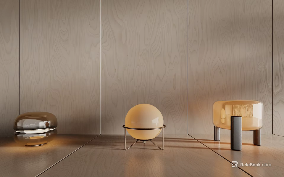 Three Table Lamps with Silver Dome Yellow Sphere and Transparent Base on Wood Grain Background 3d model 