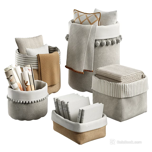 Fabric Storage Baskets with Pom-Poms Striped Design in Neutral Tones for Organizing Blankets Books Towels 3d model 