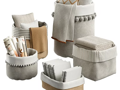 Fabric Storage Baskets with Pom-Poms Striped Design in Neutral Tones for Organizing Blankets Books Towels 3d model
