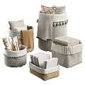 Fabric Storage Baskets with Pom-Poms Striped Design in Neutral Tones for Organizing Blankets Books Towels