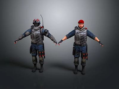 Tactical Police Characters In Uniforms With Gear Antenna And Red Cap 3d model