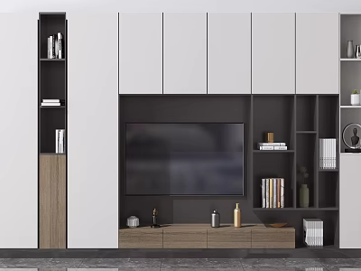 Modern TV Background Cabinet With Built In TV White And Dark Cabinets Shelves And Decor Items 3d model