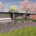 Modern Pergola in Outdoor Garden with Cherry Blossom Trees Gray Stone Floor and Black Chairs