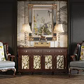 Classic Wooden Sideboard With Glass Doors And Mirror Between Two Armchairs With Table Lamps