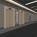 Hotel Corridor With Doors On Both Sides Dark Carpet Ceiling Lights And Potted Plant