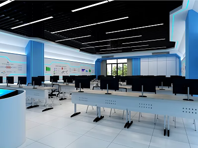 Modern Monitoring Room Interior With Multiple Computer Monitors Desks And Blue White Decor 3d model