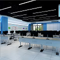 Modern Monitoring Room Interior With Multiple Computer Monitors Desks And Blue White Decor