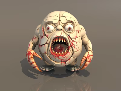 Scary 3D Character Creature White Cracked Sphere With Big Eyes Sharp Teeth Bloody Hands 3d model