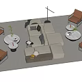Modern L Shaped Sofa And Round Coffee Table Set With Brown Chairs And Green Plants