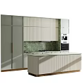 Modern Kitchen Interior With Ribbed Cabinets Green Marble Backsplash And Island Counter