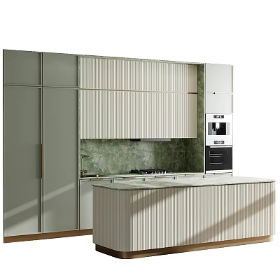 Modern Kitchen Interior With Ribbed Cabinets Green Marble Backsplash And Island Counter 3d model