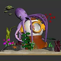 Underwater Diorama Featuring Purple Octopus Orange Diving Bell Green Plants Red Fish And Sandy Seabed