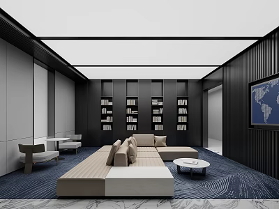 Modern Minimalist Lounge Area With Beige Sofa Coffee Table Bookshelves And World Map Art 3d model