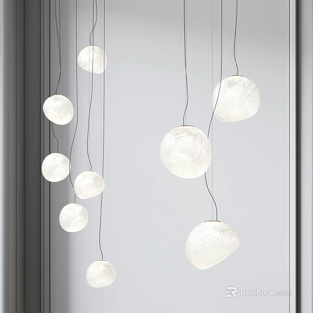 Multiple Modern Textured Paper Round Pendant Lights Hanging In Minimalist Interior Space 3d model 