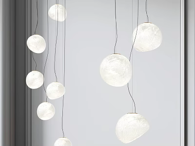 Multiple Modern Textured Paper Round Pendant Lights Hanging In Minimalist Interior Space 3d model