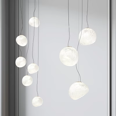 Multiple Modern Textured Paper Round Pendant Lights Hanging In Minimalist Interior Space 3d model