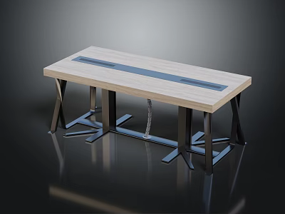 Modern Furniture Table With Light Wooden Tabletop Blue Stripe And Black Metal Legs 3d model