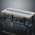 Modern Furniture Table With Light Wooden Tabletop Blue Stripe And Black Metal Legs