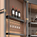 Elegant Modern Wine Cabinet With Glass Doors Layered Shelves Wine Bottles Glasses And Wooden Drawers