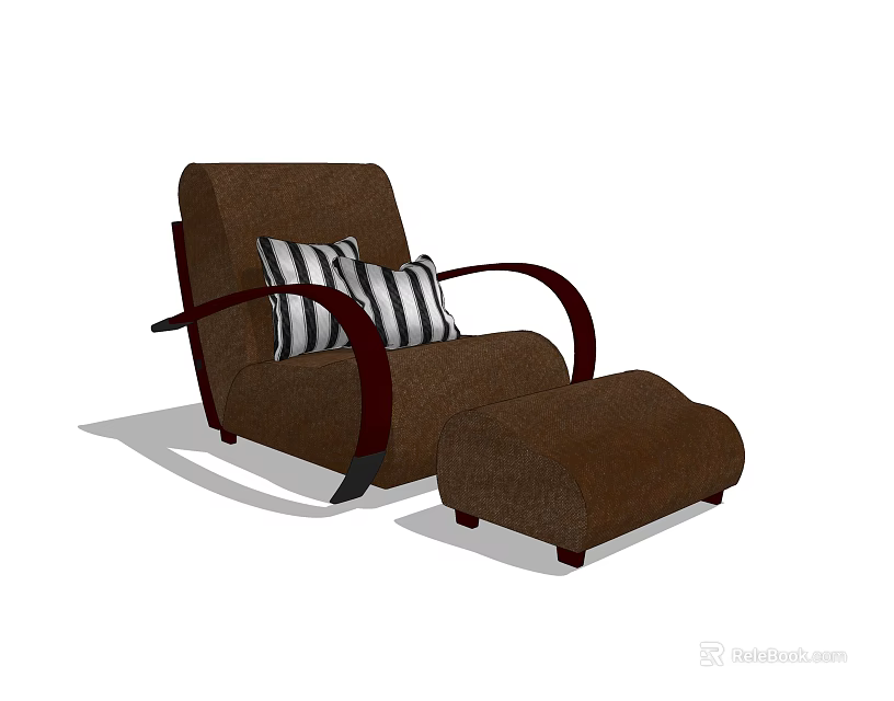 Brown Armchair with Striped Pillow Matching Ottoman and Curved Armrests Design 3d model 
