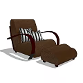 Brown Armchair with Striped Pillow Matching Ottoman and Curved Armrests Design