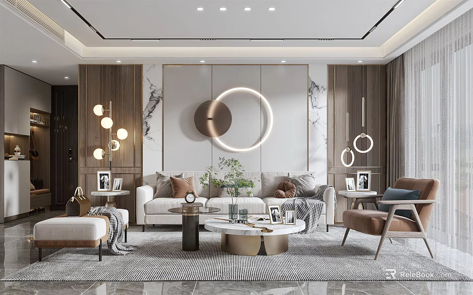 Modern Living Room Interior Design With Sofa Coffee Table Circular Decor Accent Chair And Lighting 3d model 